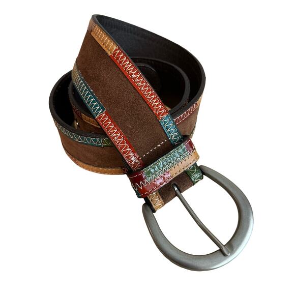 Fossil Leather Suede Colorblock Wide Belt L - Picture 1 of 10